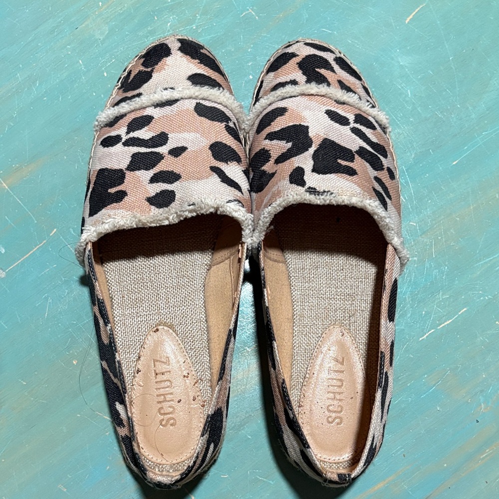 SCHUTZ Leopard Espadrille Flats in Beige and Black